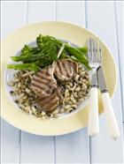 Grilled lamb cutlets with black eye beans and broccolini