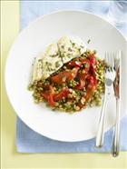 Grilled blue eye trevalla with sage, lentils and roast capsicum